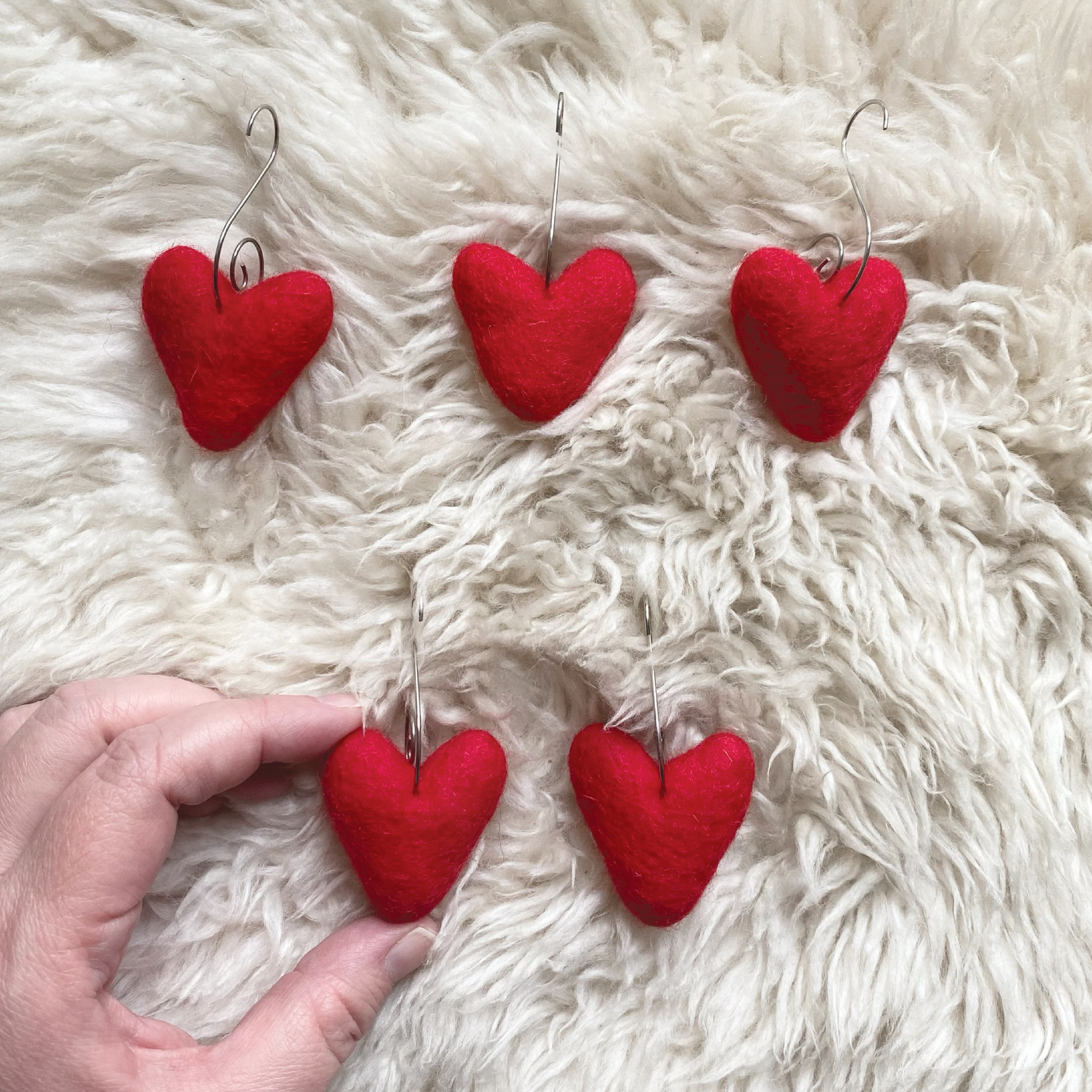 Felt Heart Ornaments (Red)  Set of 3 or 5 – Sheep Farm Felt